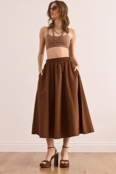 Olalook Women's Bitter Brown Pocketed Elastic Waist Midi Woven Bell Skirt