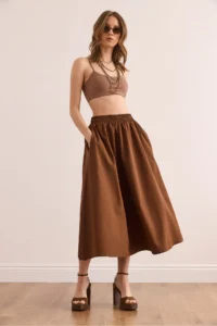 Olalook Women's Bitter Brown Pocketed Elastic Waist Midi Woven Bell Skirt - Image 2