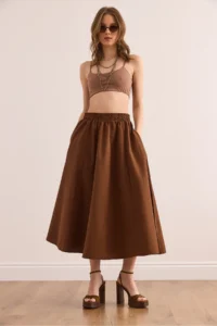 Olalook Women's Bitter Brown Pocketed Elastic Waist Midi Woven Bell Skirt - Image 3