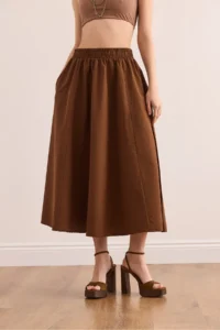 Olalook Women's Bitter Brown Pocketed Elastic Waist Midi Woven Bell Skirt - Image 4
