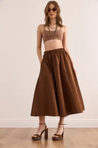 Olalook Women's Bitter Brown Pocketed Elastic Waist Midi Woven Bell Skirt - Image 5