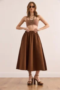 Olalook Women's Bitter Brown Pocketed Elastic Waist Midi Woven Bell Skirt - Image 6