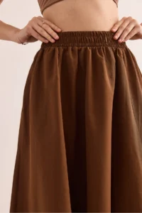 Olalook Women's Bitter Brown Pocketed Elastic Waist Midi Woven Bell Skirt - Image 7