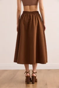 Olalook Women's Bitter Brown Pocketed Elastic Waist Midi Woven Bell Skirt - Image 8