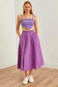 Olalook Women's Purple Pocketed Elastic Waist Midi Woven Bell Skirt