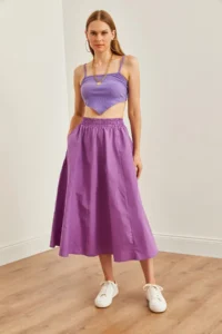 Olalook Women's Purple Pocketed Elastic Waist Midi Woven Bell Skirt - Image 2