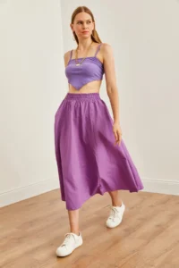 Olalook Women's Purple Pocketed Elastic Waist Midi Woven Bell Skirt - Image 3