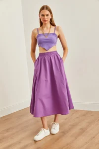 Olalook Women's Purple Pocketed Elastic Waist Midi Woven Bell Skirt - Image 4
