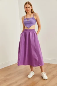 Olalook Women's Purple Pocketed Elastic Waist Midi Woven Bell Skirt - Image 5