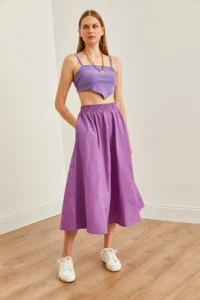 Olalook Women's Purple Pocketed Elastic Waist Midi Woven Bell Skirt - Image 6