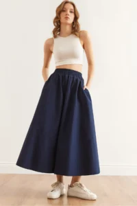 Olalook Women's Navy Blue Elastic Waist Parachute Bell Skirt