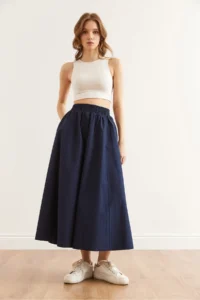 Olalook Women's Navy Blue Elastic Waist Parachute Bell Skirt - Image 2