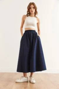Olalook Women's Navy Blue Elastic Waist Parachute Bell Skirt - Image 3