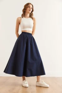 Olalook Women's Navy Blue Elastic Waist Parachute Bell Skirt - Image 4