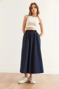 Olalook Women's Navy Blue Elastic Waist Parachute Bell Skirt - Image 5