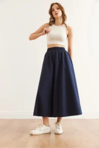 Olalook Women's Navy Blue Elastic Waist Parachute Bell Skirt - Image 6