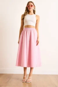 Olalook Women's Pink Elastic Waist Parachute Bell Skirt - Image 2