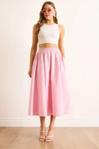 Olalook Women's Pink Elastic Waist Parachute Bell Skirt - Image 3