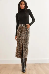 Olalook Women's Leopard Stone Pocket Slit Leopard Gabardine Skirt - Image 4