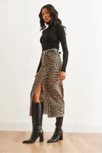 Olalook Women's Leopard Stone Pocket Slit Leopard Gabardine Skirt - Image 6