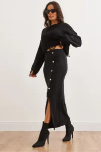 Olalook Women's Black Elastic Waist Buttoned Slit Long Skirt