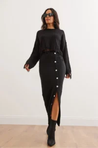 Olalook Women's Black Elastic Waist Buttoned Slit Long Skirt - Image 2