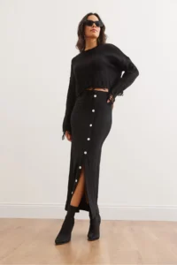 Olalook Women's Black Elastic Waist Buttoned Slit Long Skirt - Image 3