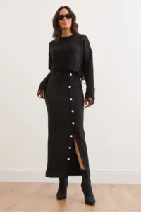 Olalook Women's Black Elastic Waist Buttoned Slit Long Skirt - Image 4