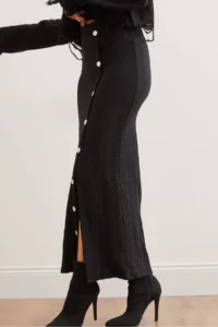 Olalook Women's Black Elastic Waist Buttoned Slit Long Skirt - Image 5