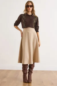 Olalook Women's Beige Belted Thessaloniki Bell Skirt