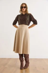 Olalook Women's Beige Belted Thessaloniki Bell Skirt - Image 4