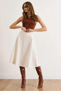 Olalook Women's Ecru Waist Banded Thessaloniki Bell Skirt