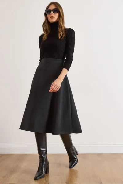 Olalook Women's Dark Anthracite Waist Banded Thessaloniki Bell Skirt