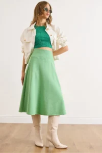Olalook Women's Pistachio Green Waist Banded Thessaloniki Bell Skirt