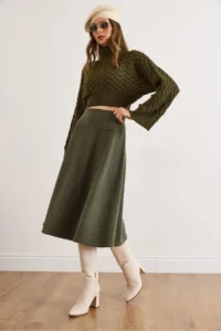Olalook Women's Khaki Waist Banded Thessaloniki Bell Skirt