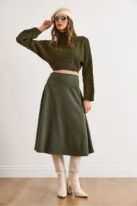 Olalook Women's Khaki Waist Banded Thessaloniki Bell Skirt - Image 2