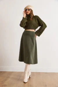 Olalook Women's Khaki Waist Banded Thessaloniki Bell Skirt - Image 6