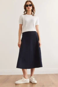 Olalook Women's Navy Blue Waist Banded Thessaloniki Bell Skirt