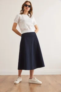 Olalook Women's Navy Blue Waist Banded Thessaloniki Bell Skirt - Image 2