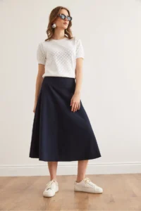 Olalook Women's Navy Blue Waist Banded Thessaloniki Bell Skirt - Image 5