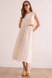 Olalook Women's Ecru Waist Elastic Dirty Stitching Muslin Skirt