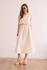 Olalook Women's Ecru Waist Elastic Dirty Stitching Muslin Skirt - Image 2
