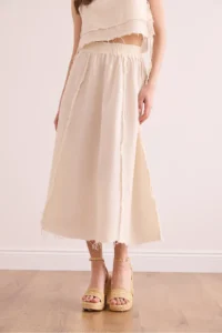 Olalook Women's Ecru Waist Elastic Dirty Stitching Muslin Skirt - Image 3