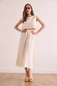 Olalook Women's Ecru Waist Elastic Dirty Stitching Muslin Skirt - Image 4