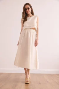 Olalook Women's Ecru Waist Elastic Dirty Stitching Muslin Skirt - Image 5