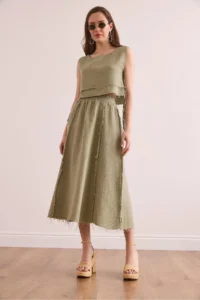 Olalook Women's Khaki Elastic Waist Dirty Stitching Muslin Skirt - Image 2