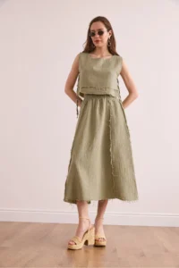 Olalook Women's Khaki Elastic Waist Dirty Stitching Muslin Skirt - Image 3