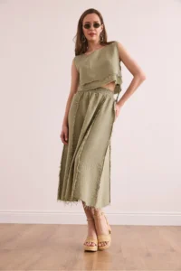 Olalook Women's Khaki Elastic Waist Dirty Stitching Muslin Skirt - Image 5