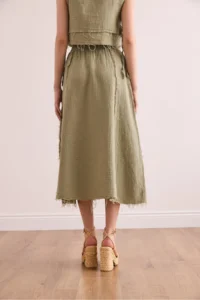 Olalook Women's Khaki Elastic Waist Dirty Stitching Muslin Skirt - Image 6