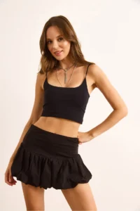 Olalook Women's Black Cotton Mini Balloon Skirt with Shorts - Image 3